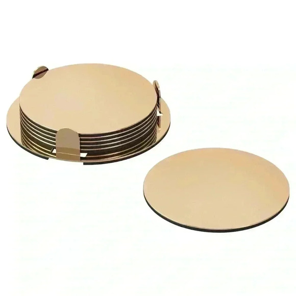 IKEA GLATTIS Coasters with holder, brass / gold color, 3 " Set of 6 - Picture 1 of 10